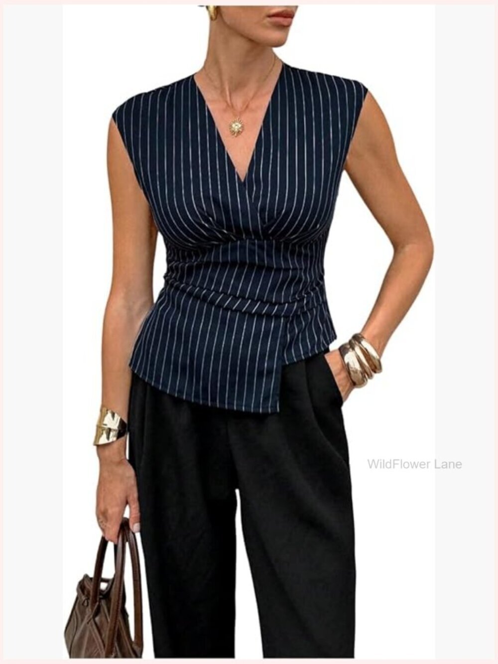 Elegant Striped Sleeveless V-Neck Tank Top Blouse Work Business Casual